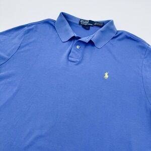 Vtg Ralph Lauren Polo Shirt XXL Blue Solid Short Yellow Pony Sleeve Mens Soft